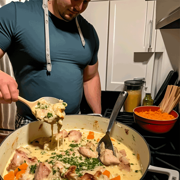 man cooking a Keto Cheesy Chicken and Bacon Casserole